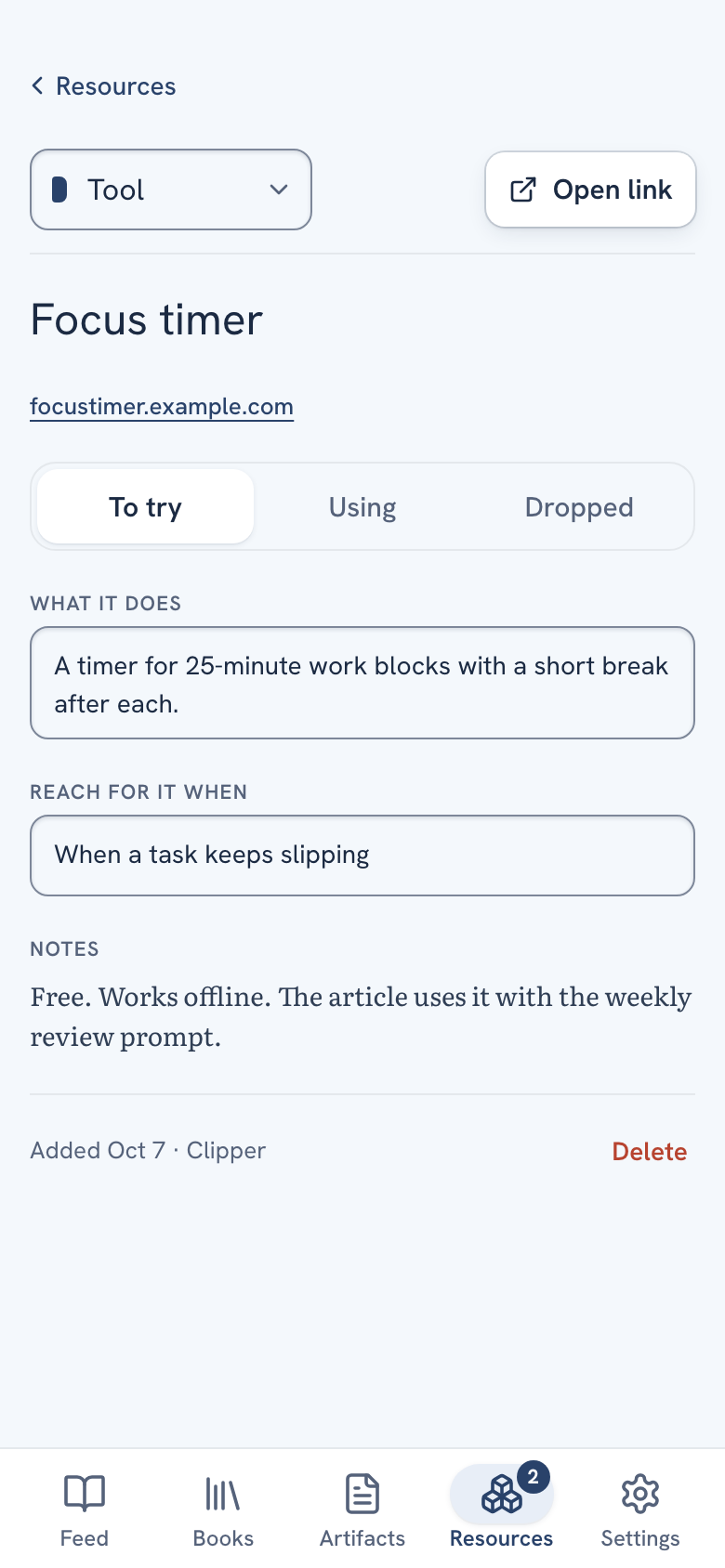 A new resource open on a phone, with the Tool type, the To try status, What it does and Reach for it when filled in