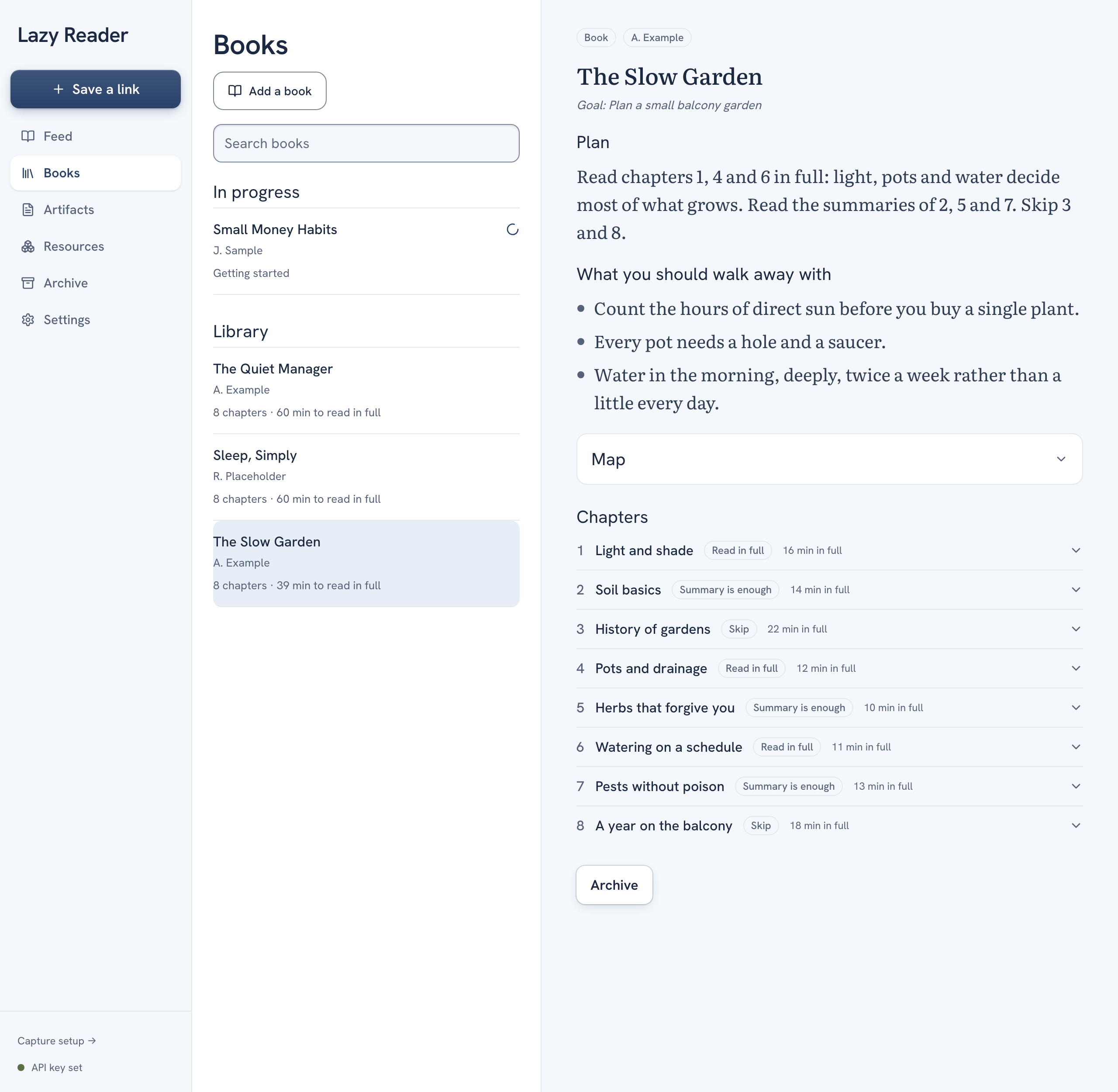 A finished book on a computer: the Book chip and title, the Plan, the closed Map section, and the Chapters list with tier labels such as Read in full and Summary is enough