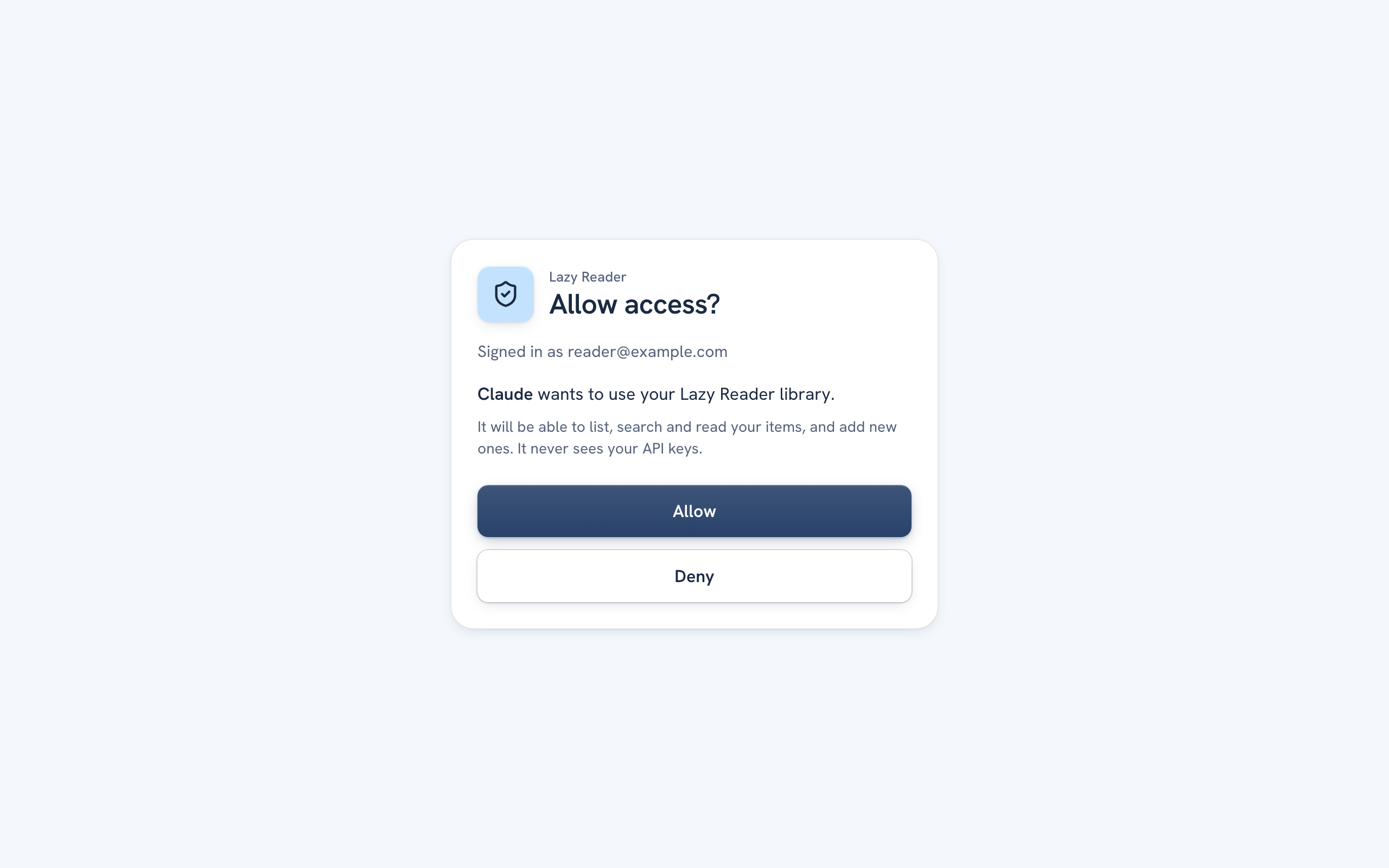 The Allow access? screen on lazyreader.app with Signed in as and a made-up email, the sentence about what Claude can do, and the Allow and Deny buttons