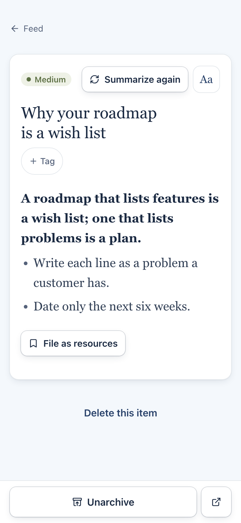 An archived item on a phone with its summary and the Unarchive button in the bottom bar