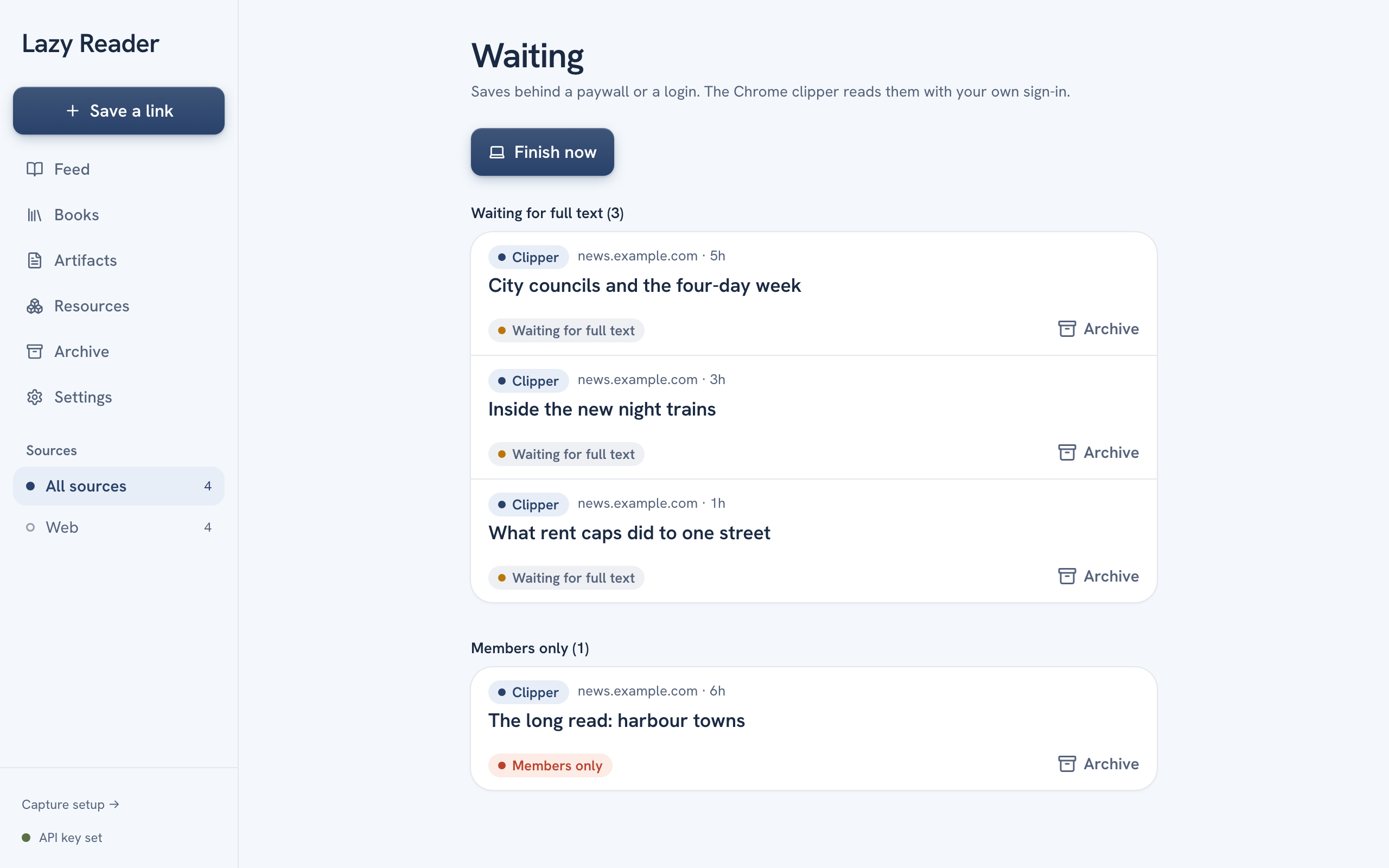 The Waiting page on a computer with the Finish now button and two groups, Waiting for full text with three rows and Members only with one row