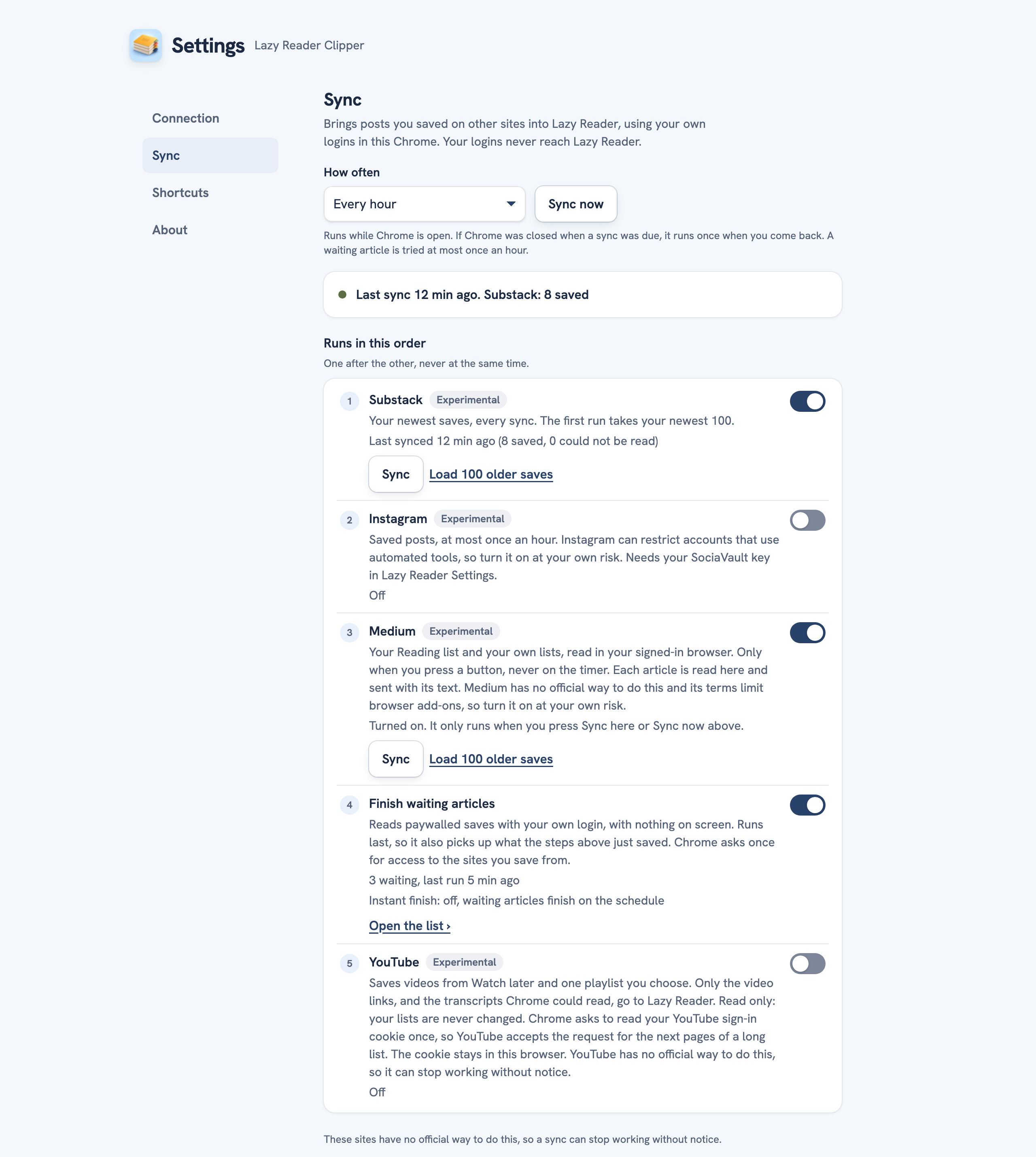 The Sync section of the clipper settings with the Finish waiting articles row switched on, its status line and the Open the list link