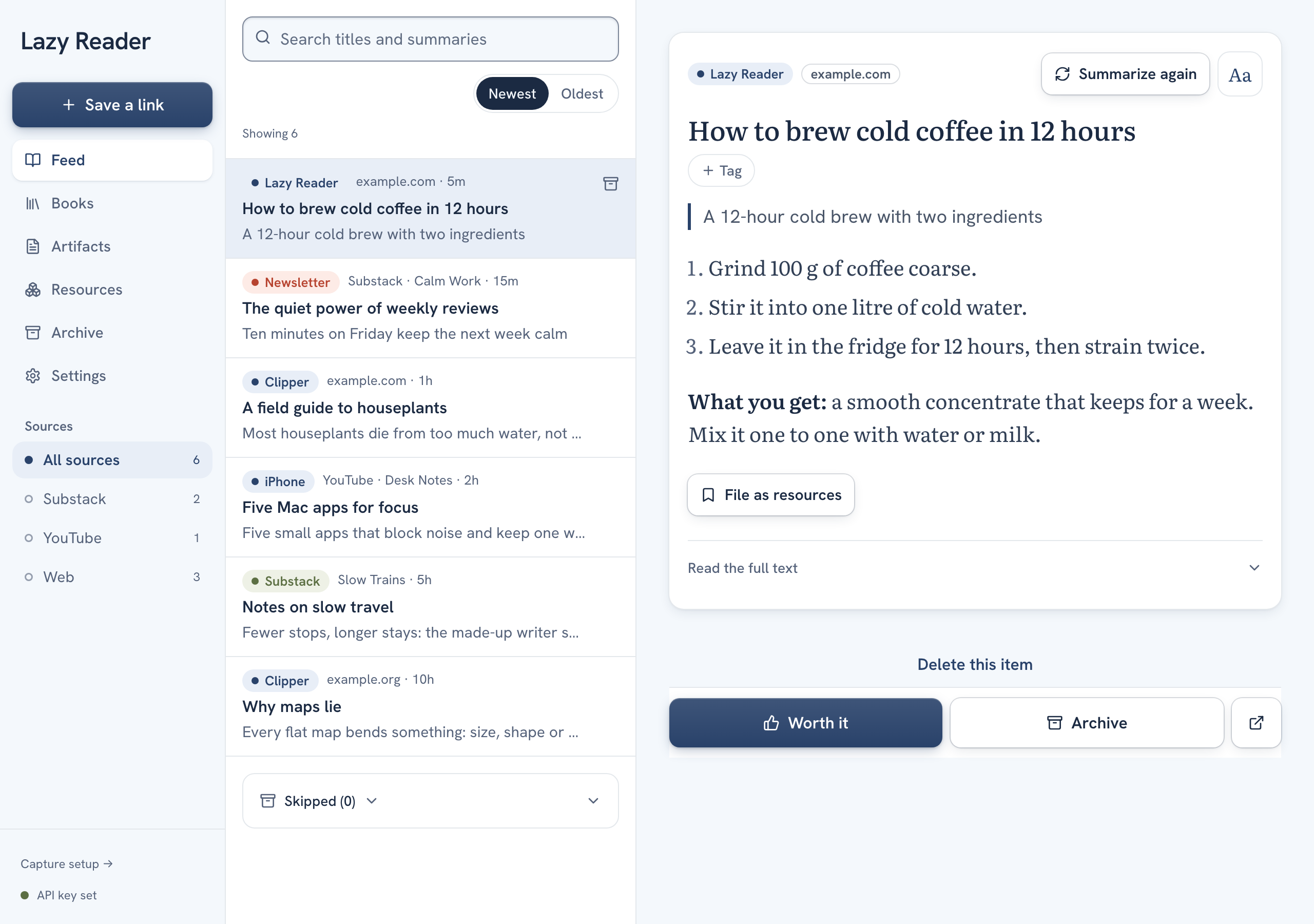 The feed on a computer with one item open on the right: its summary and, at the bottom, the Worth it and Archive buttons and the open original icon