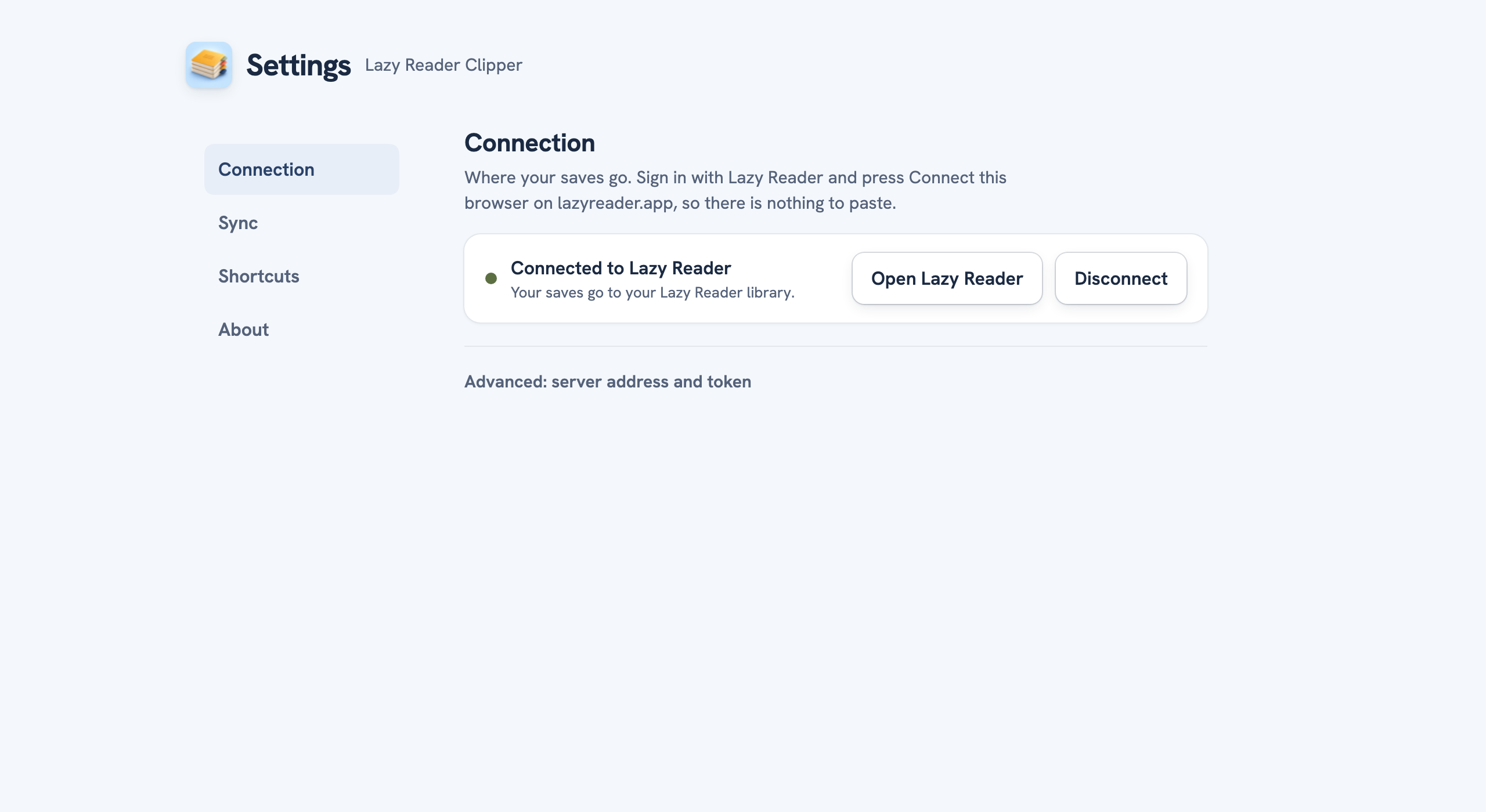 The clipper's Settings in Chrome, Connection open: the status card says Connected to Lazy Reader, with the sections Connection, Sync, Shortcuts and About on the left