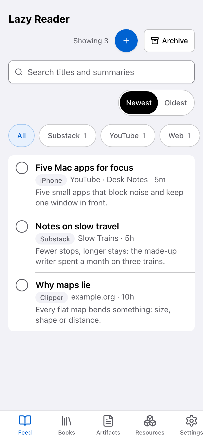 The Lazy Reader iPhone app after sign-in: the feed with the Lazy Reader title, the round plus button and the Archive button at the top, and the tab bar with Feed, Books, Artifacts, Resources and Settings at the bottom