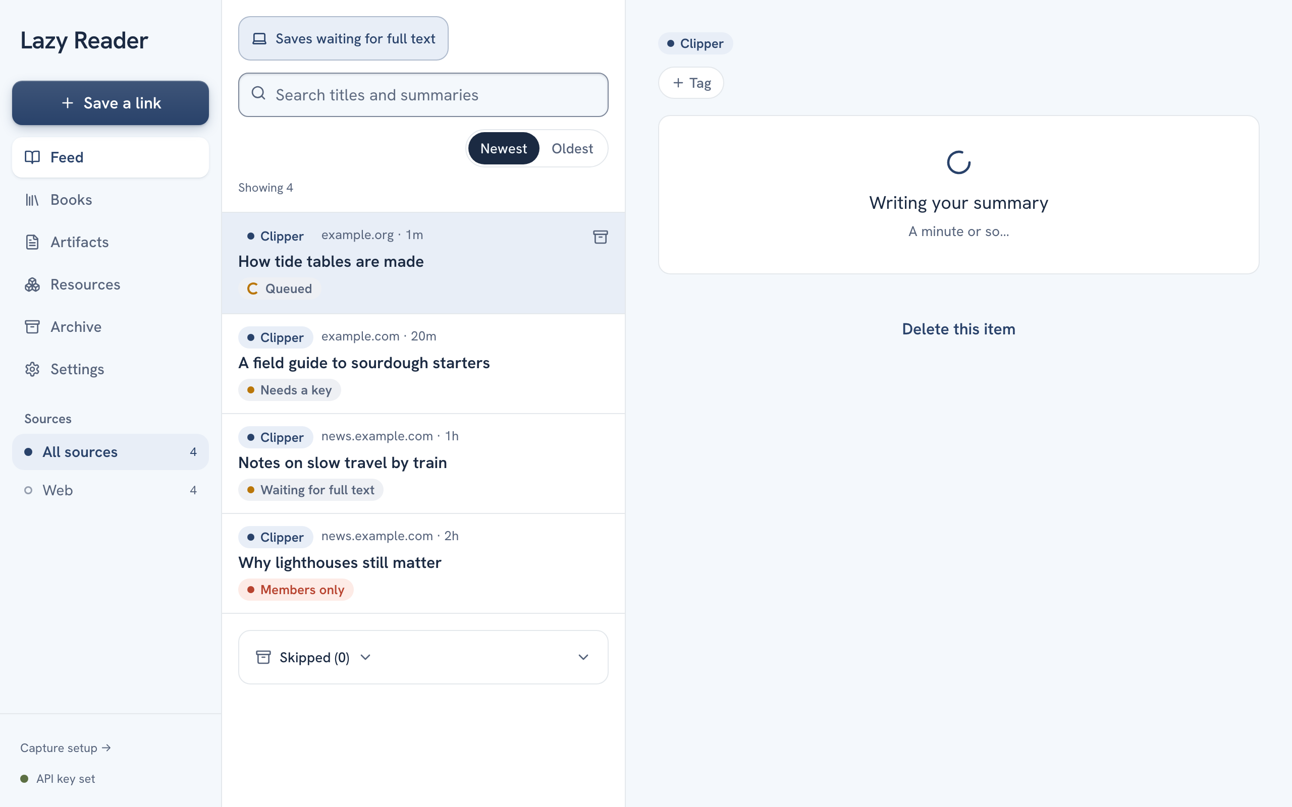 A feed on a computer with four rows: one Queued, one Needs a key, one Waiting for full text and one Members only, with the first row open on the right