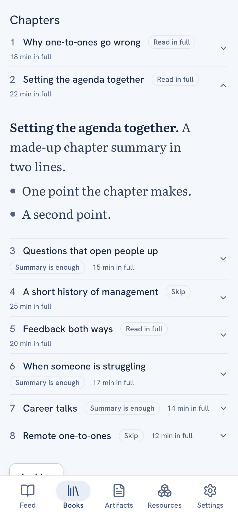 The Chapters list on a phone with Read in full, Summary is enough and Skip labels, one chapter open to show its summary