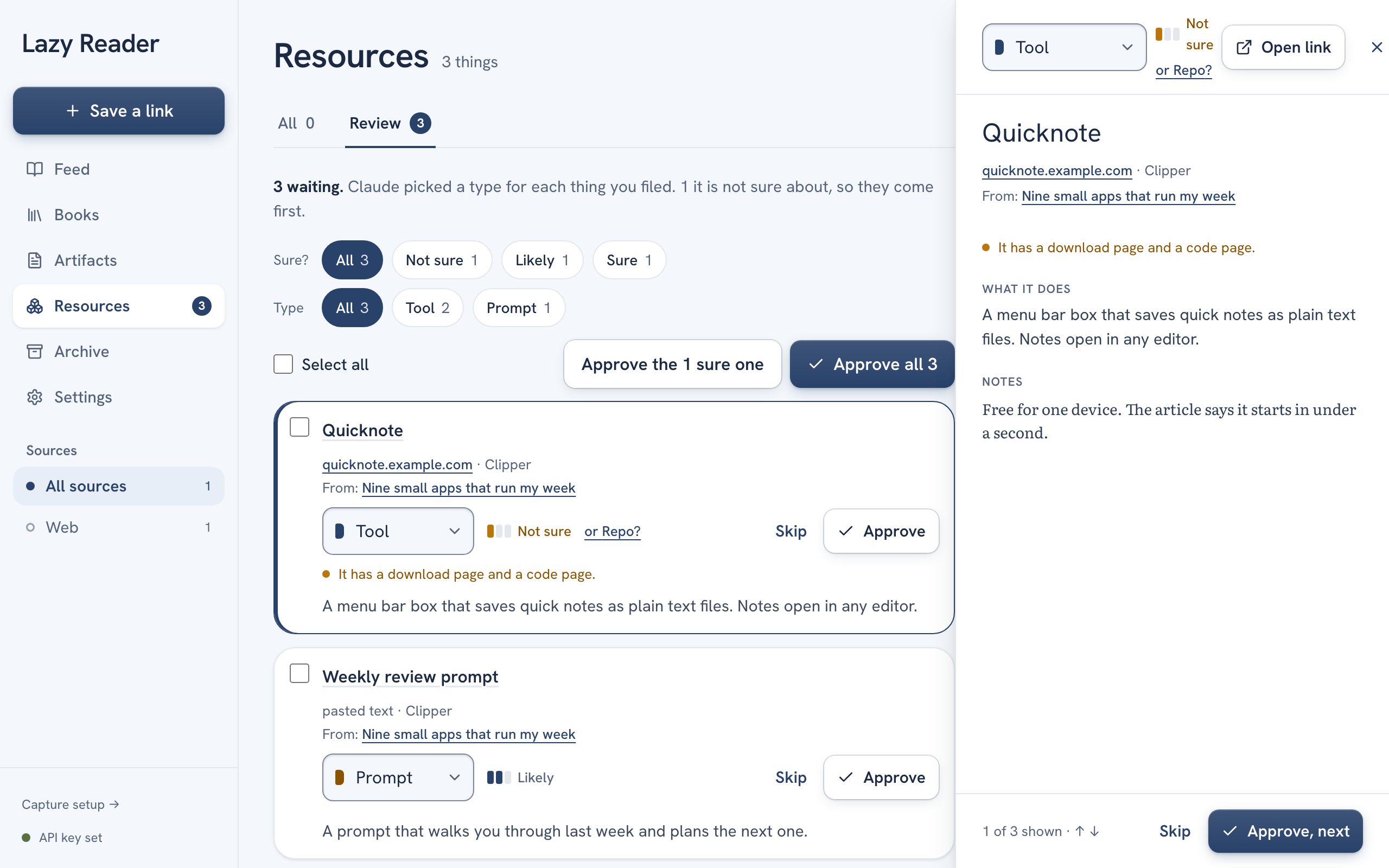 Review on a computer with one row open in a panel on the right, showing Open link, What it does, Notes, Skip and Approve