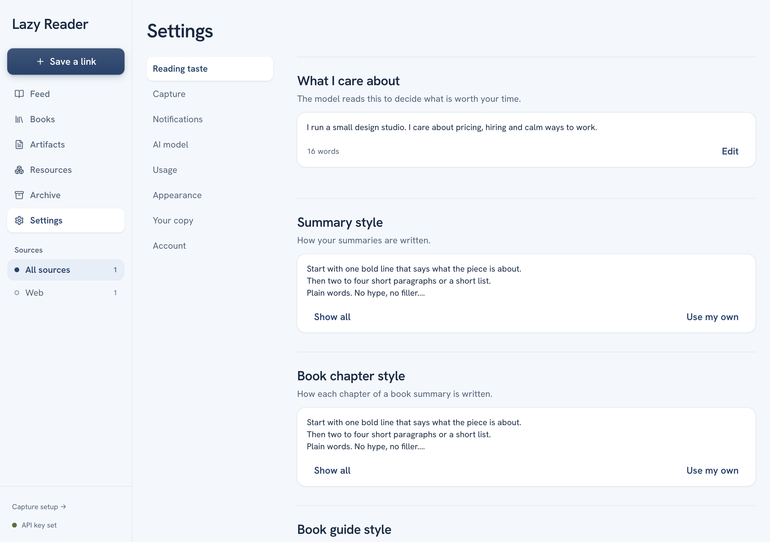 Settings on a computer with Reading taste open, showing What I care about with its Edit button and Summary style with Show all and Use my own