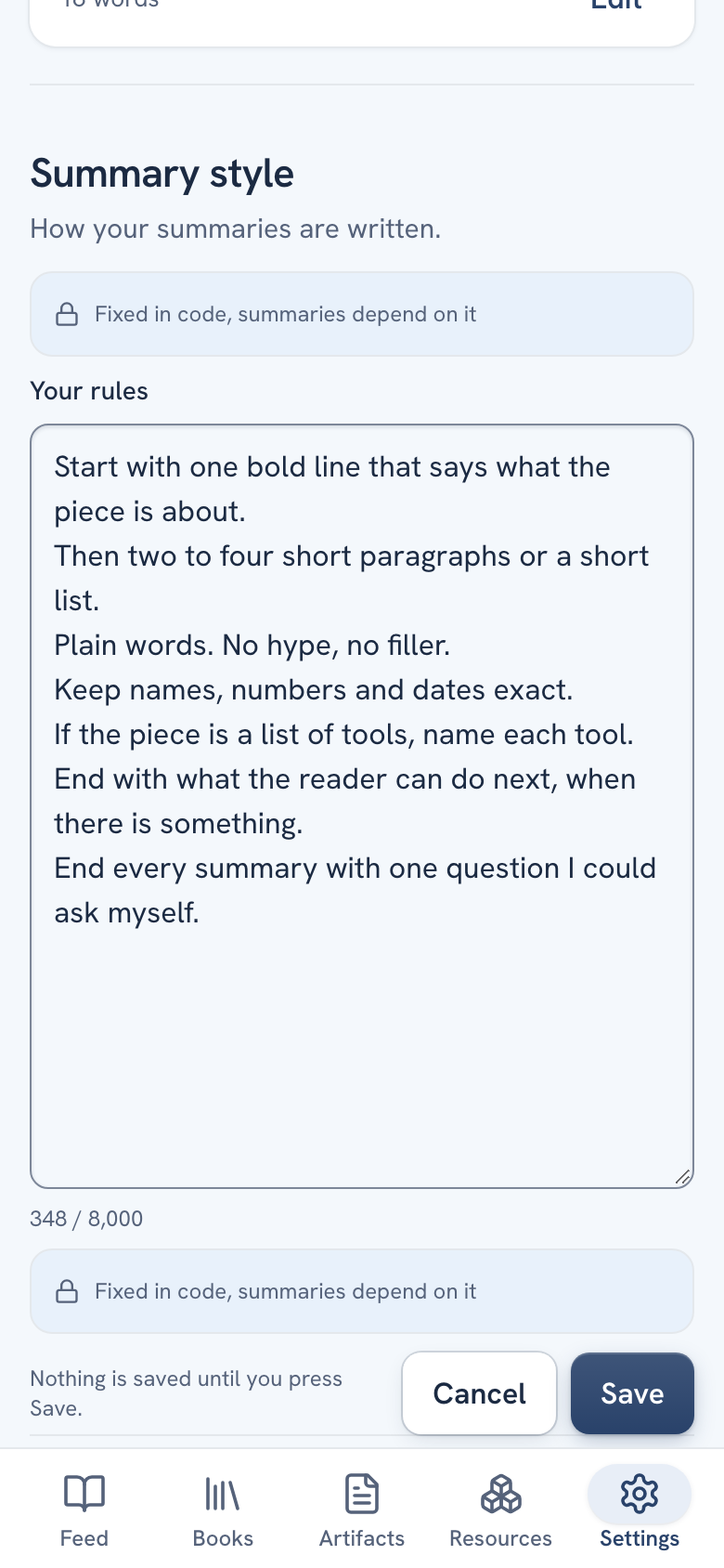 The Summary style editor on a phone with the folded Fixed start, the Your rules box and the character count, and the Cancel and Save buttons