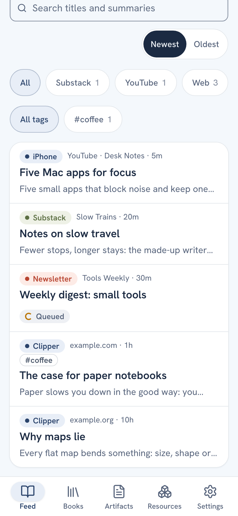 The feed on a phone with four saves: each row shows its origin chip, a title and a line of summary; one row carries the Queued label