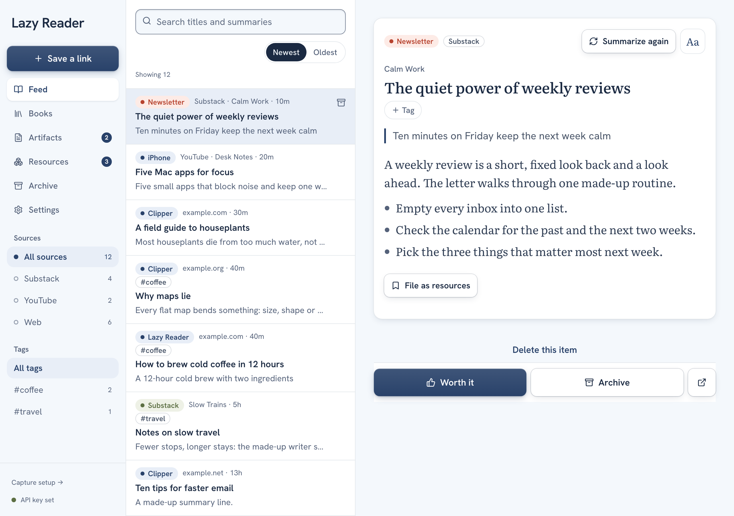 Lazy Reader on a computer: the sidebar with Save a link, Feed, Books, Artifacts, Resources, Archive and Settings, the Sources and Tags lists, and API key set at the bottom; the feed list in the middle and one item open on the right